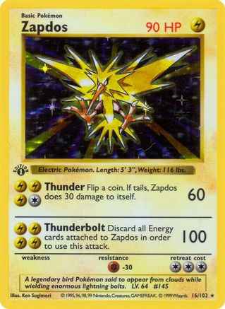 Zapdos 016 - Base Set Shadowless 1st Edition Holofoil