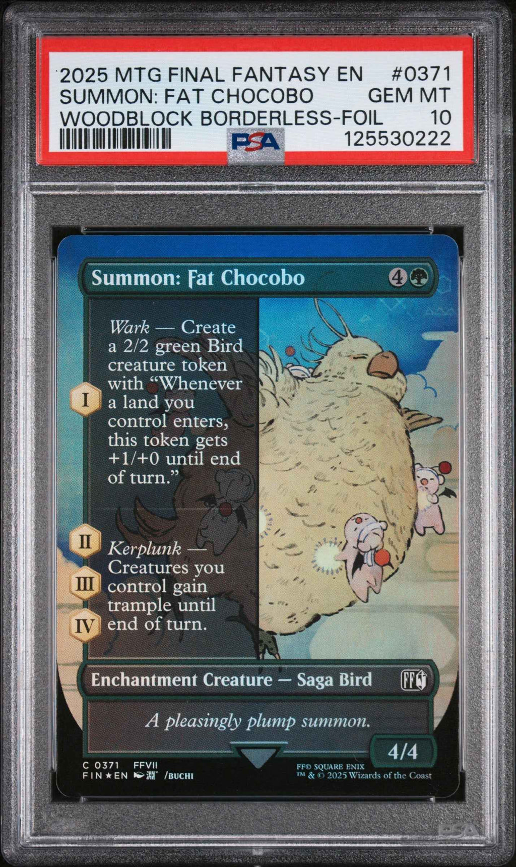 Graded 2025 Magic The Gathering Final Fantasy Summon: Fat Chocobo #0317 Woodblock Borderless Foil Card PSA 10 Gem Mint