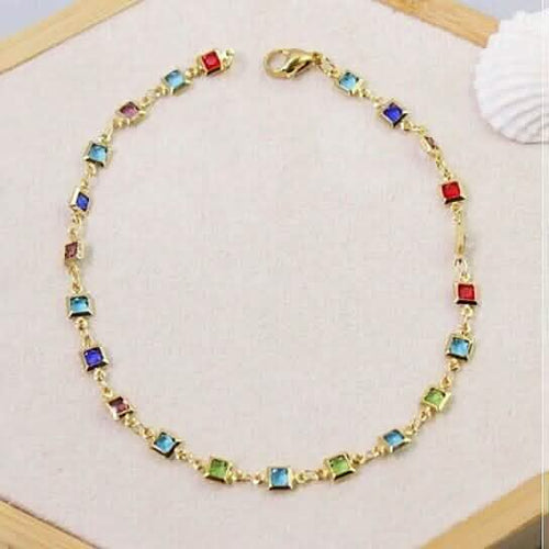 18K Gold Plated Light Multi Color Crystal Square Ankle Bracelet