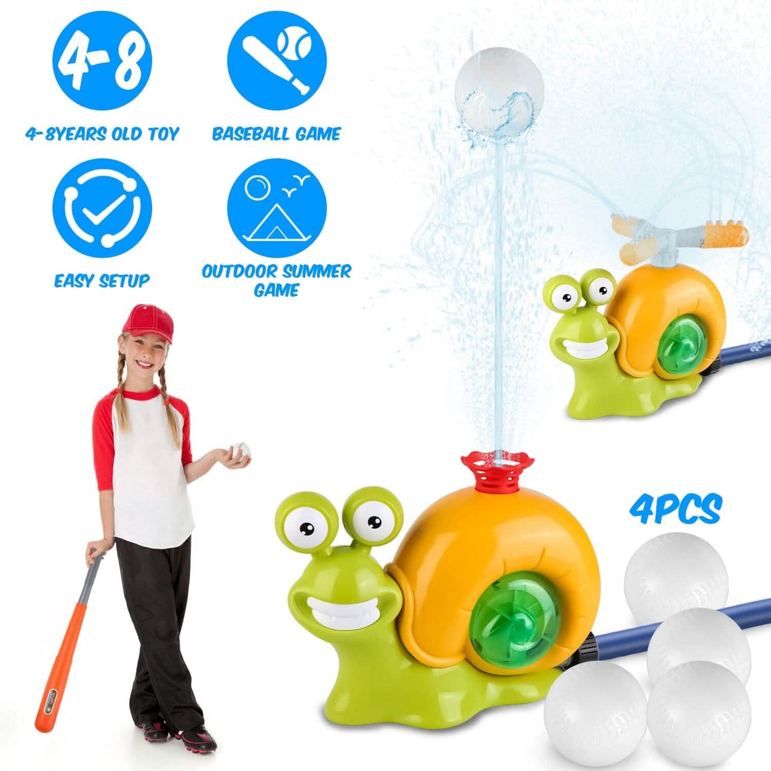 2-in-1 Snail Water Sprinkler Baseball Toy with 2 Sprinkler Nozzles