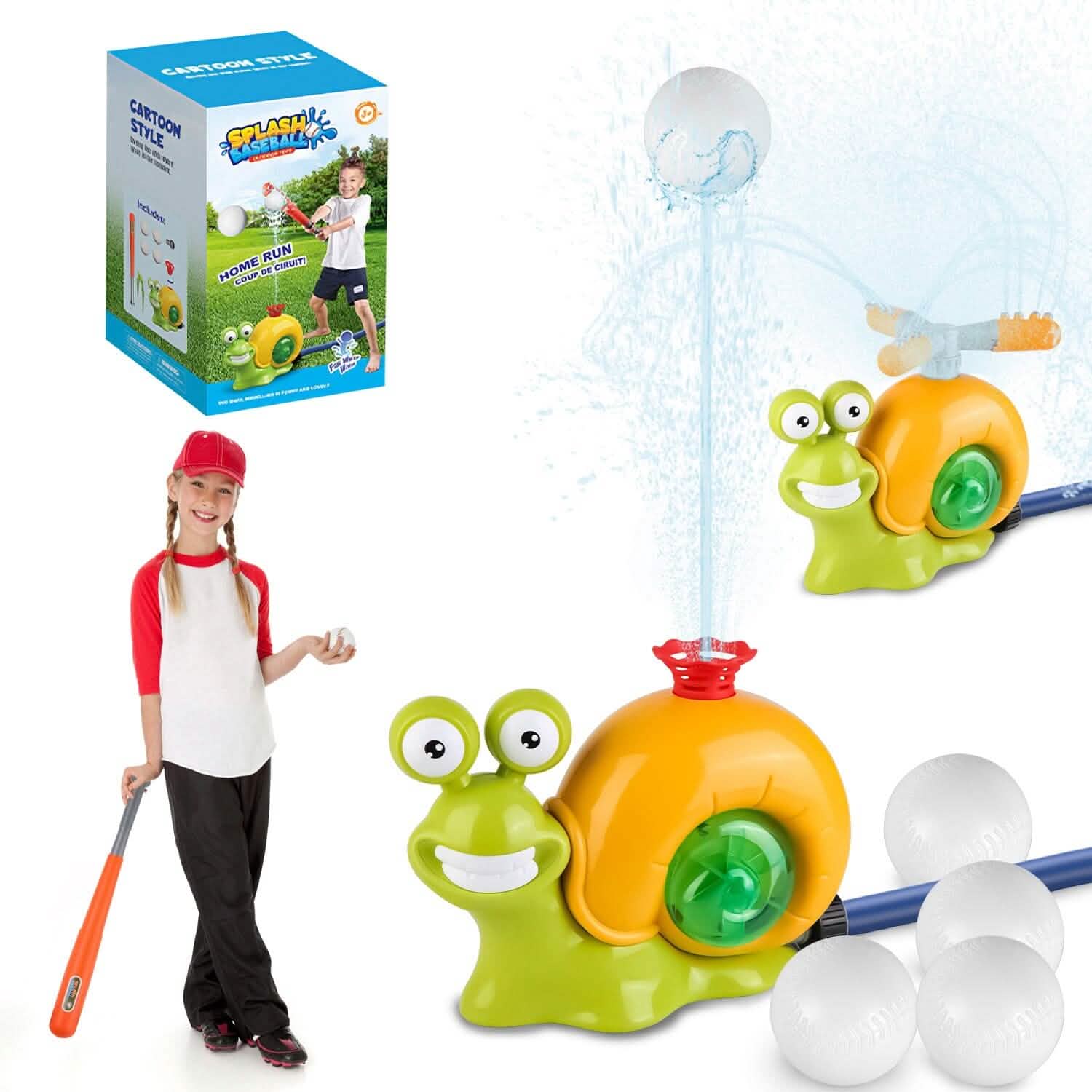 2-in-1 Snail Water Sprinkler Baseball Toy with 2 Sprinkler Nozzles
