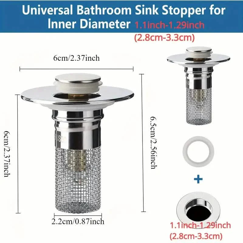 2-Pack: Pop-Up Bathroom Sink Stopper with Stainless Steel Drain Filter and Hair Catcher