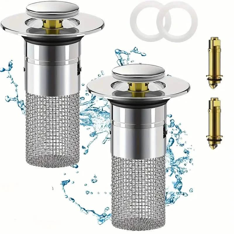 2-Pack: Pop-Up Bathroom Sink Stopper with Stainless Steel Drain Filter and Hair Catcher