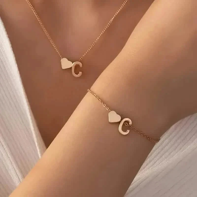 2-Piece Set: Metal Heart And English Letter Necklace And Bracelet