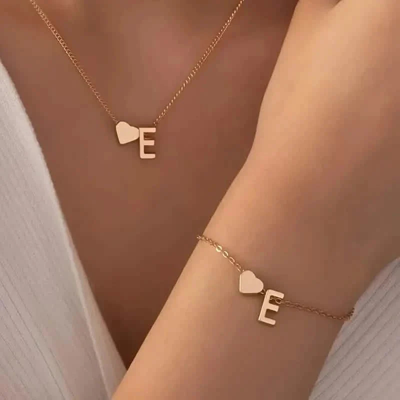 2-Piece Set: Metal Heart And English Letter Necklace And Bracelet