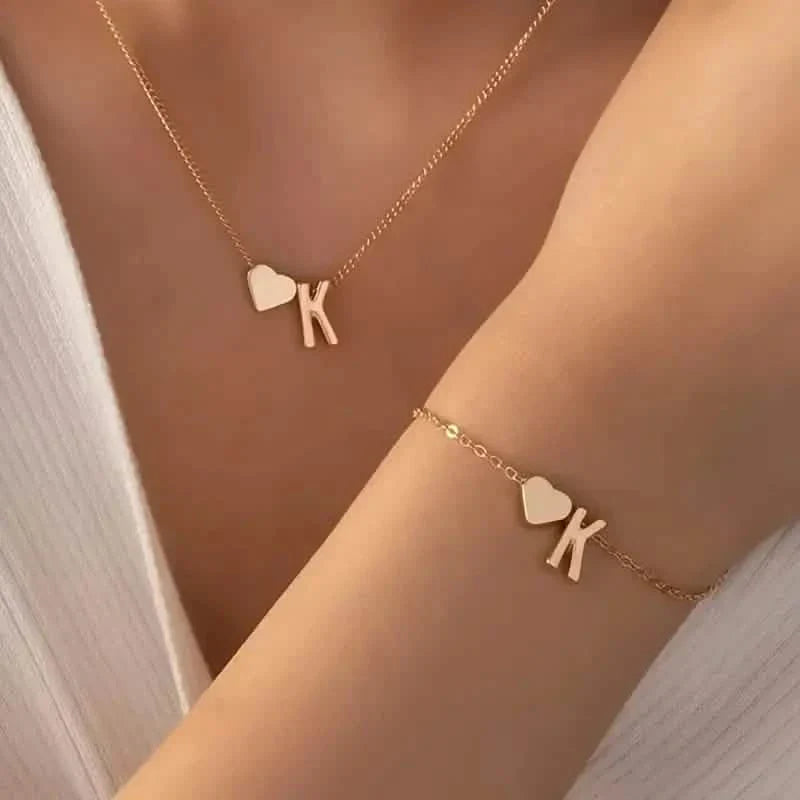 2-Piece Set: Metal Heart And English Letter Necklace And Bracelet