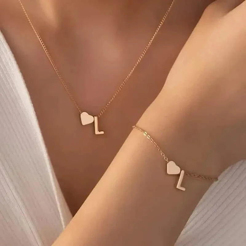 2-Piece Set: Metal Heart And English Letter Necklace And Bracelet