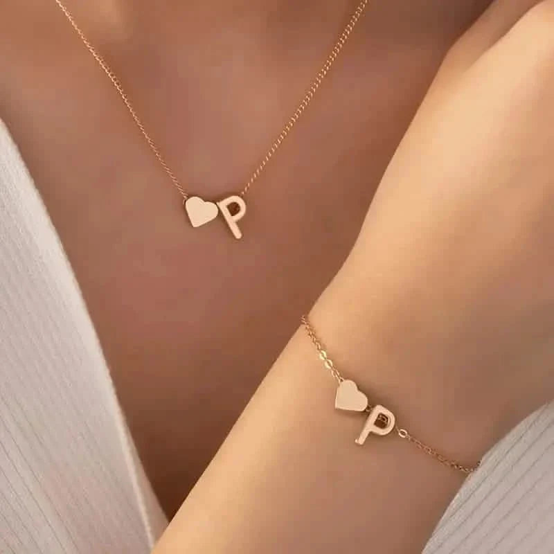 2-Piece Set: Metal Heart And English Letter Necklace And Bracelet