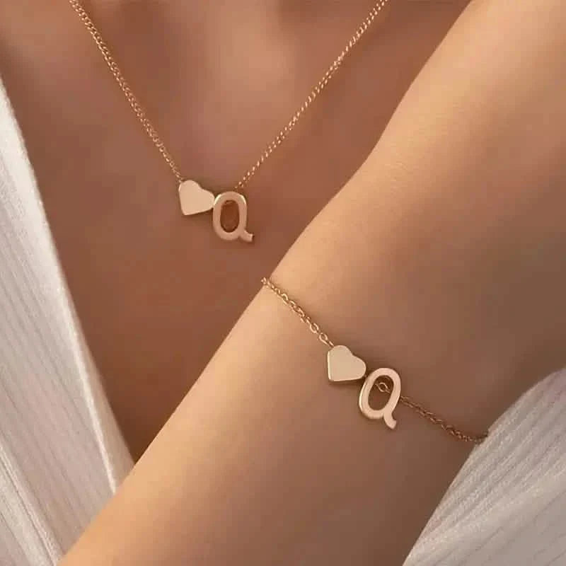 2-Piece Set: Metal Heart And English Letter Necklace And Bracelet
