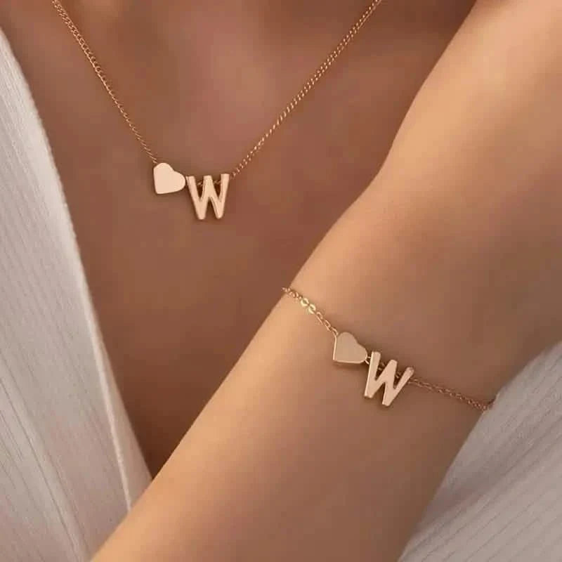 2-Piece Set: Metal Heart And English Letter Necklace And Bracelet