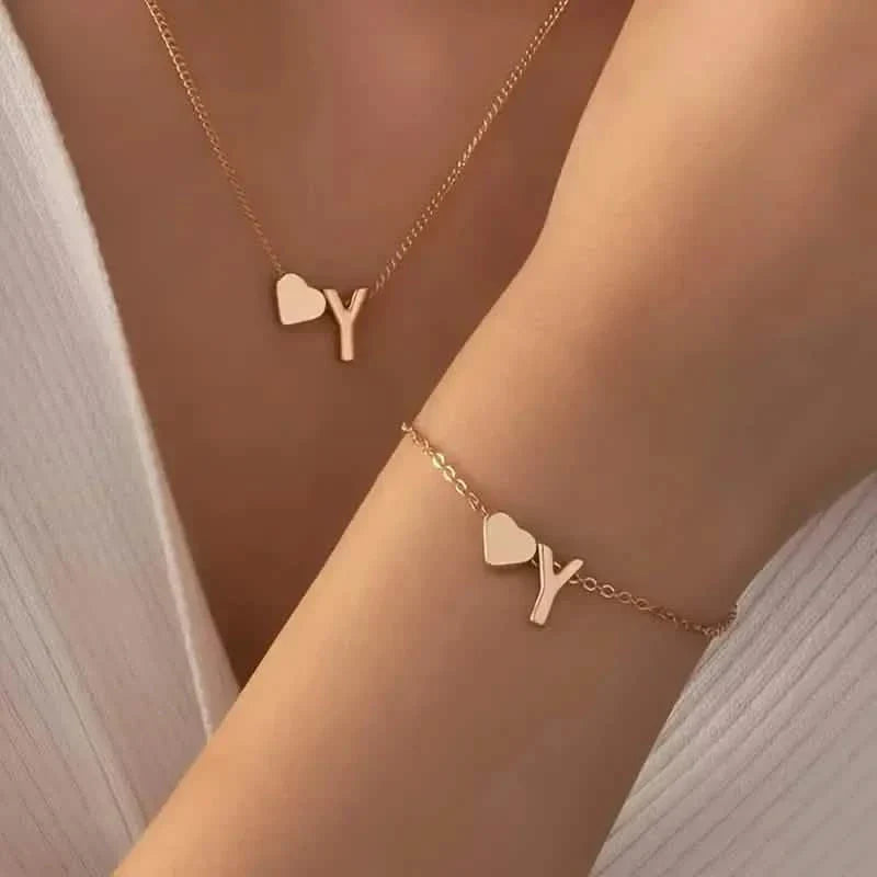 2-Piece Set: Metal Heart And English Letter Necklace And Bracelet