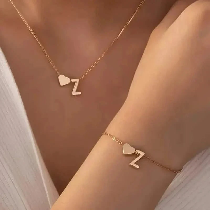 2-Piece Set: Metal Heart And English Letter Necklace And Bracelet