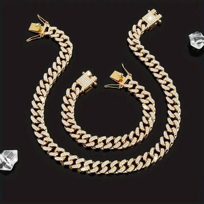 2-Piece Set: Unisex Hip Hop Cuban Chain Necklace and 8" Bracelet
