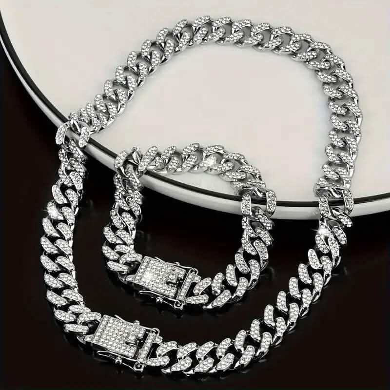 2-Piece Set: Unisex Hip Hop Cuban Chain Necklace and 8" Bracelet
