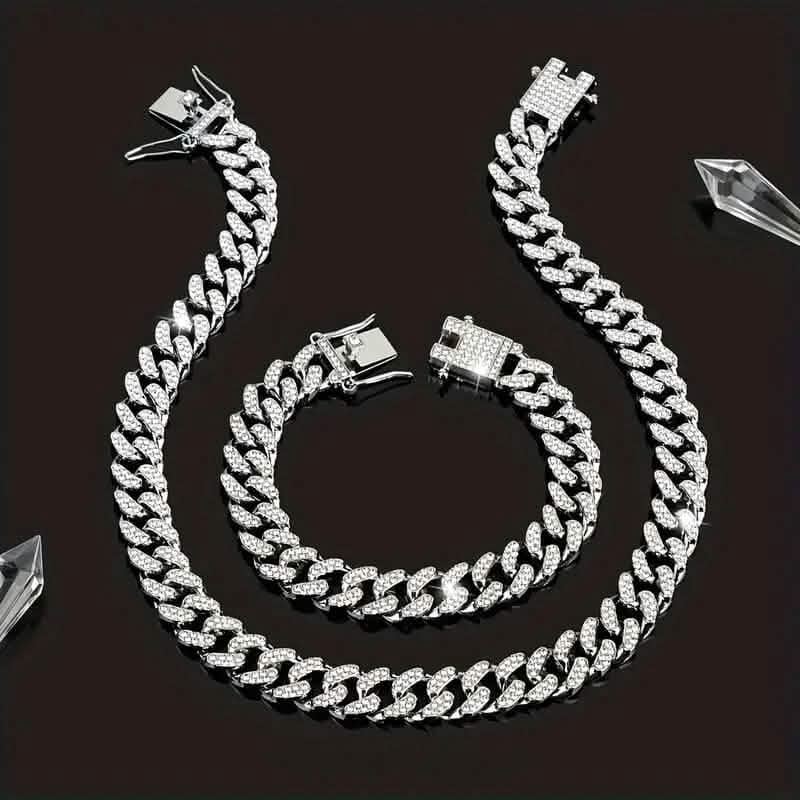 2-Piece Set: Unisex Hip Hop Cuban Chain Necklace and 8" Bracelet