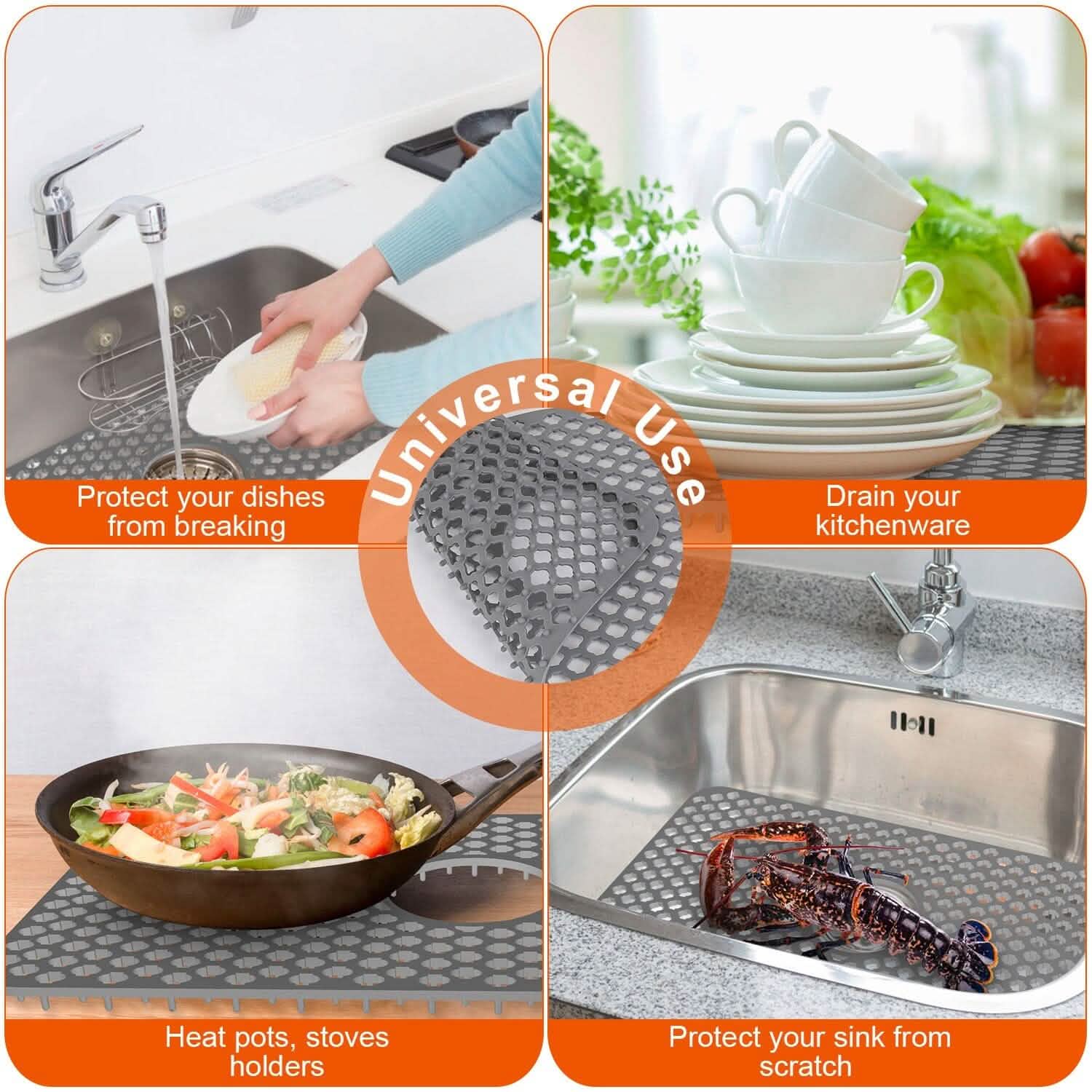 2-Piece: Silicon Grid Sink Mat with Central Drain Hole
