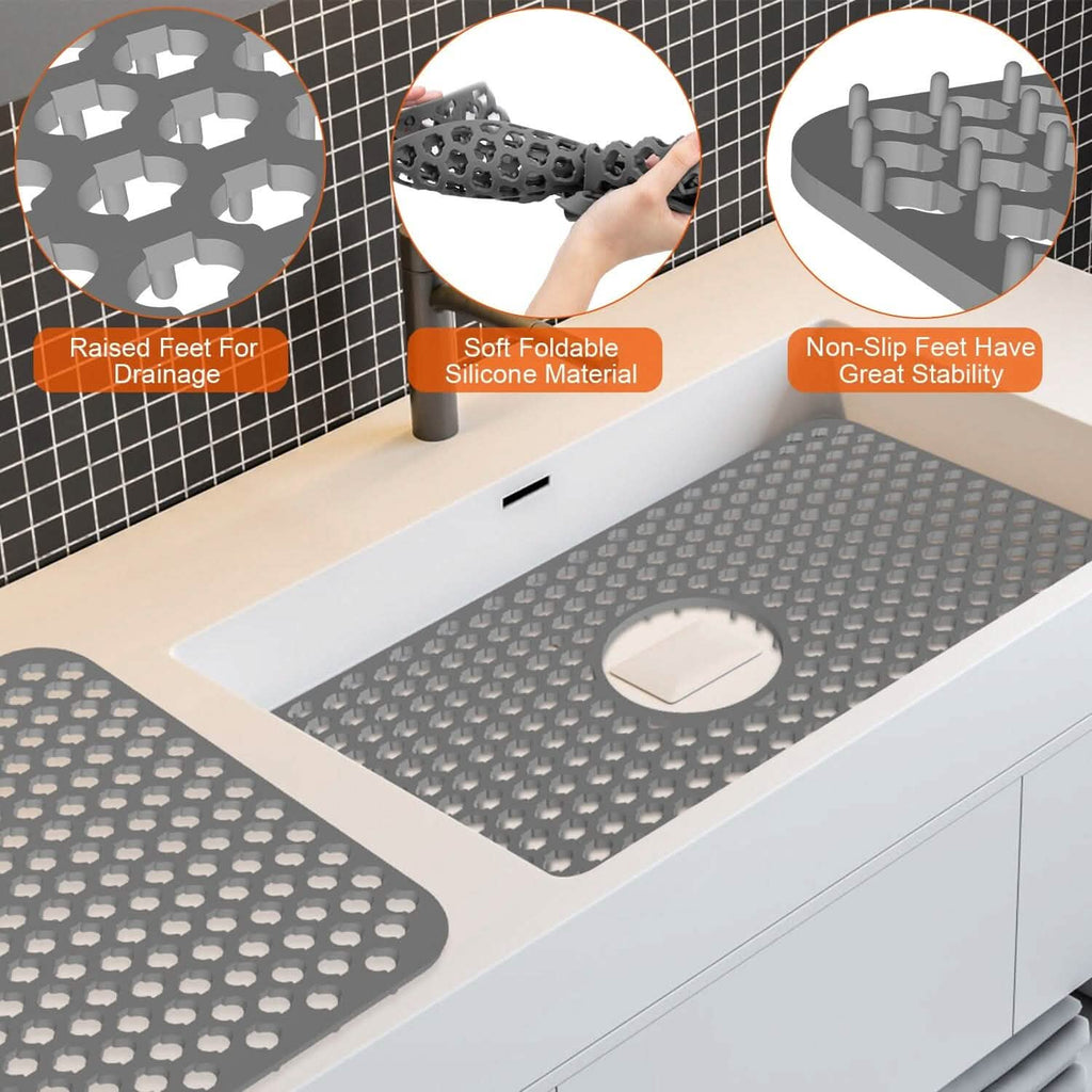 2-Piece: Silicon Grid Sink Mat with Central Drain Hole