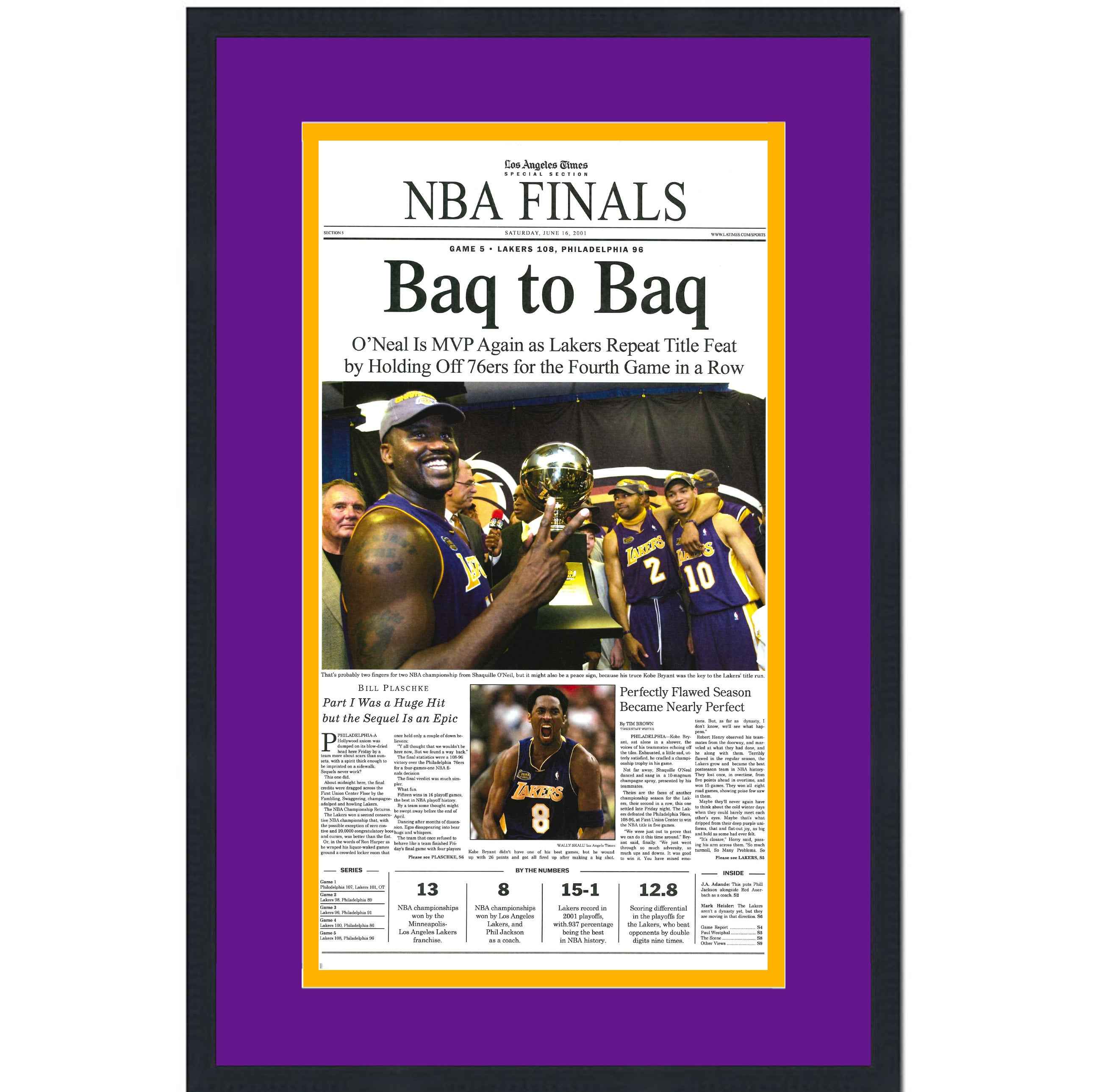 Framed Los Angeles LA Times Lakers Baq To Baq 2001 NBA Finals Champions 14x22 Basketball Newspaper Cover Photo Professionally Matted