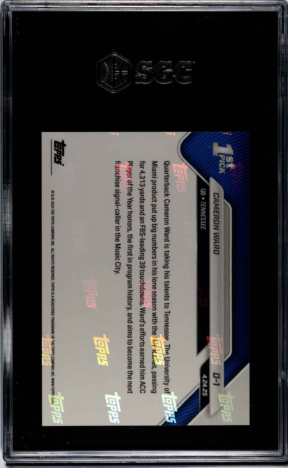 Graded 2025 Topps Now Cam Ward #D1 1st University of Miami QB Drafted Number 1 Since '87 Rookie RC Football Card SGC 10 Gem Mint