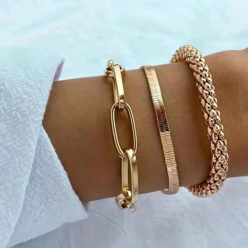 3-Pieces Set: Vintage Golden Color Snake Bone Chain Multilayer Bracelet