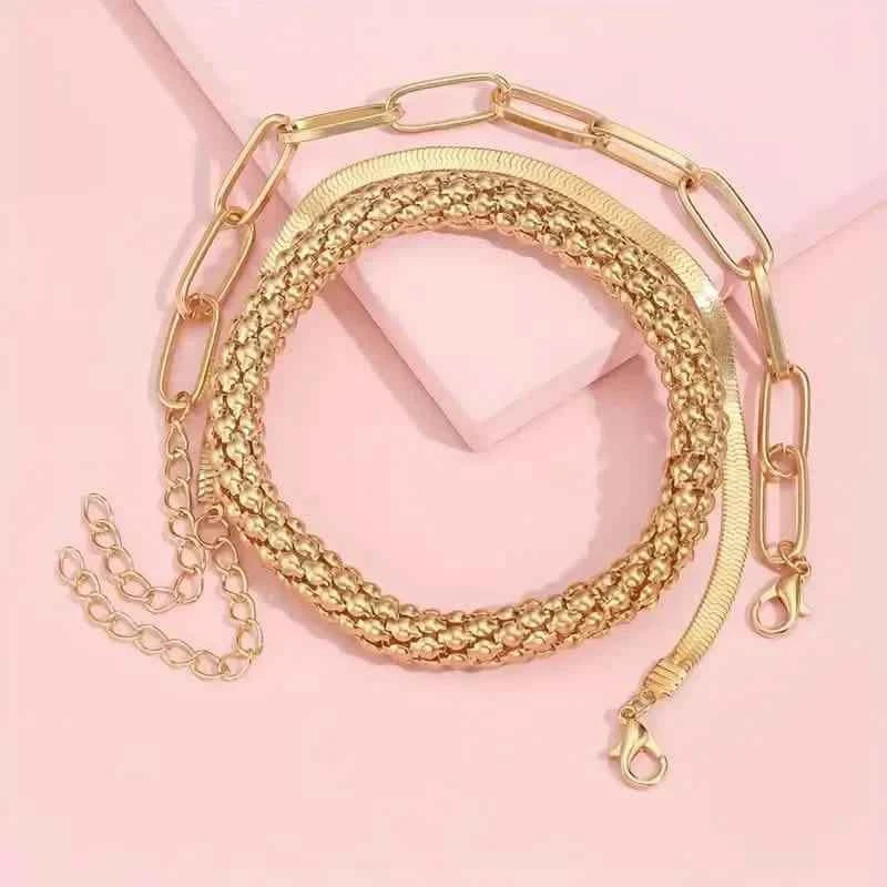 3-Pieces Set: Vintage Golden Color Snake Bone Chain Multilayer Bracelet