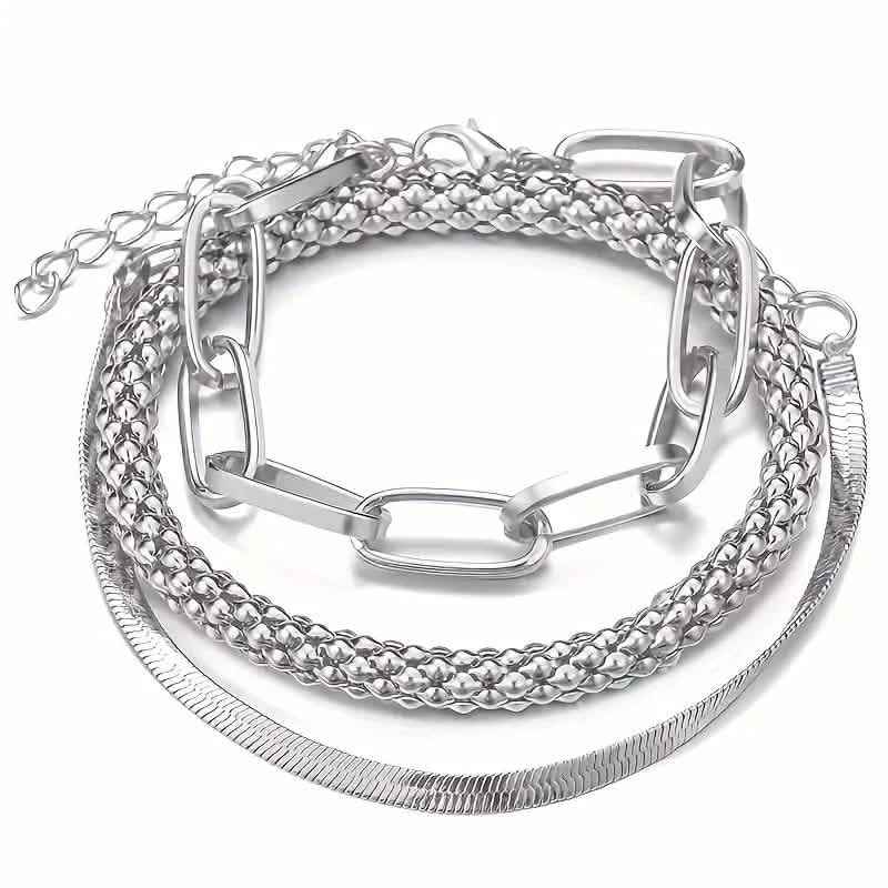 3-Pieces Set: Vintage Golden Color Snake Bone Chain Multilayer Bracelet
