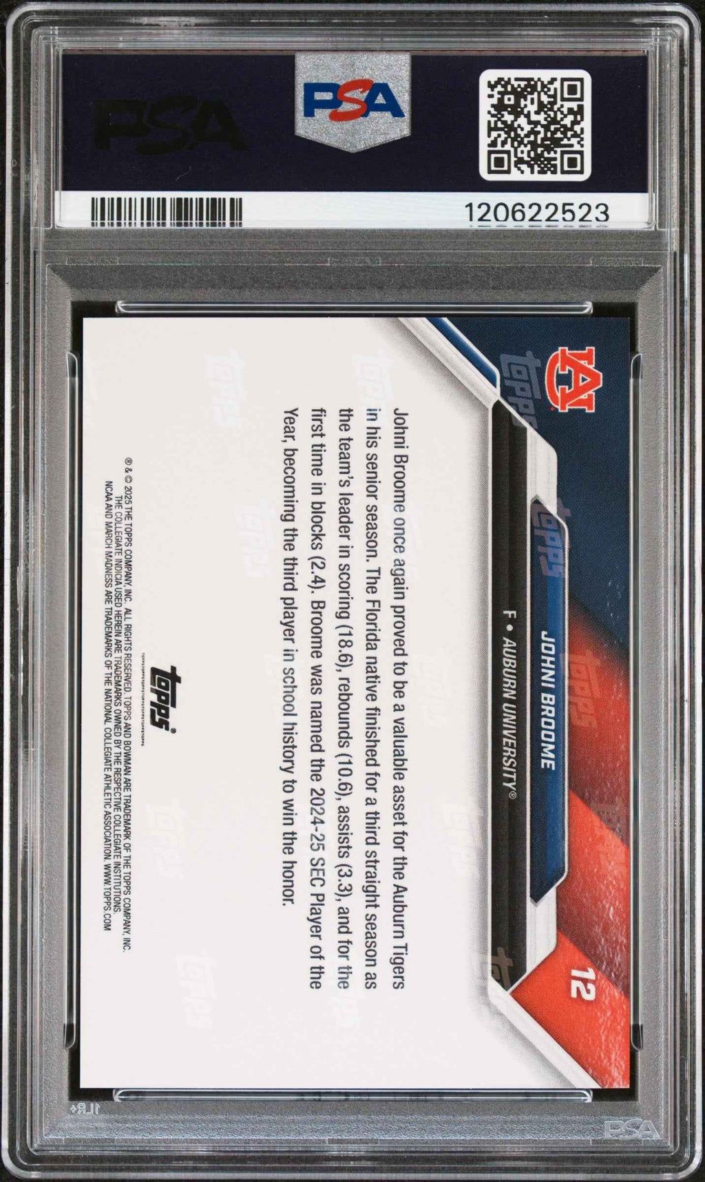 Graded 2025 Topps Bowman U Now Johni Broome #12 March Madness Rookie RC Basketball Card PSA 10 Gem Mint