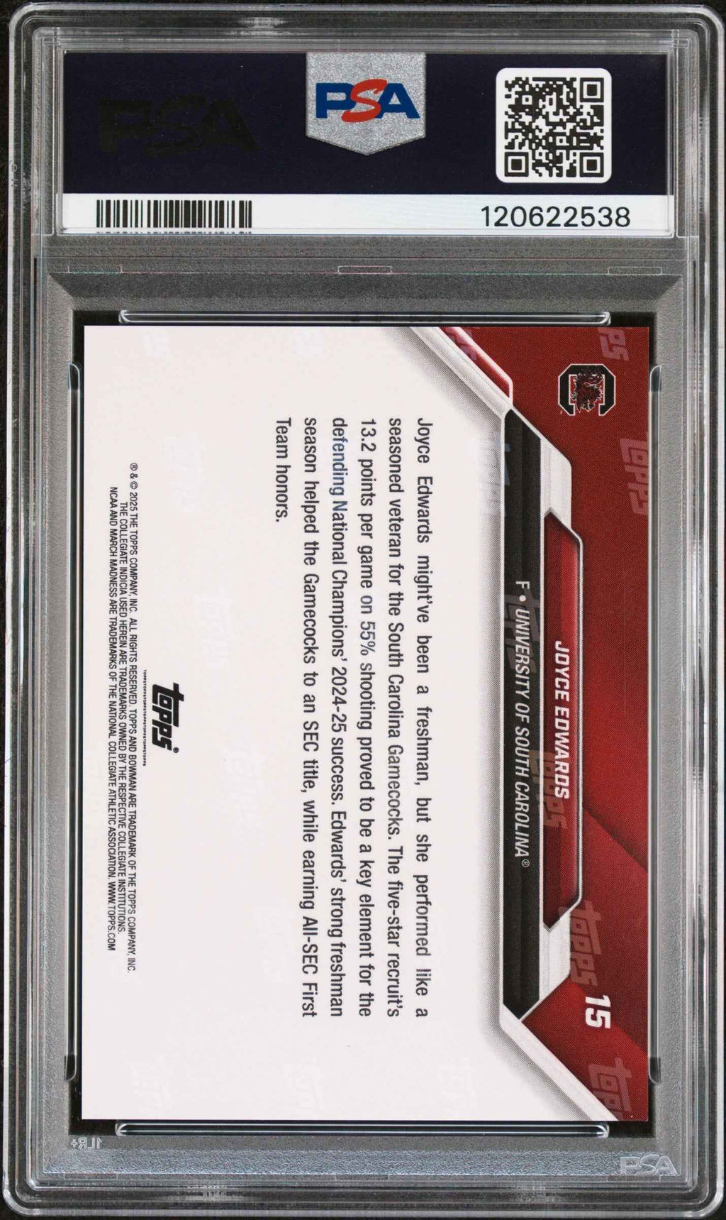 Graded 2025 Topps Bowman U Now Joyce Edwards #15 March Madness Black Rookie RC Basketball Card PSA 9 Mint