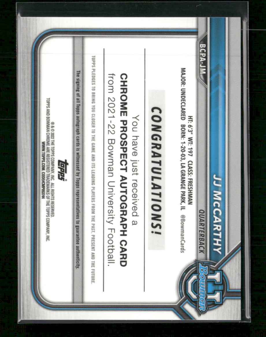 JJ McCarthy 2021-22 Bowman University Bowman Chrome Prospects Auto #BCPA-JM