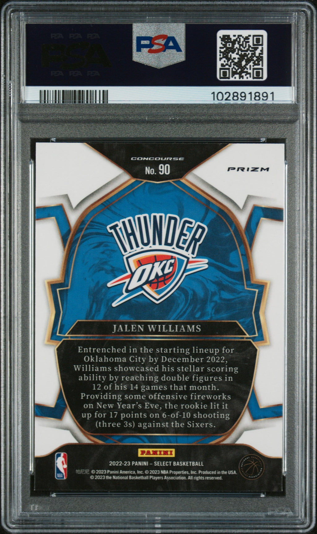 Graded 2022 Panini Select Jalen Williams #90 Tri Color Rookie RC Basketball Card PSA 10 Gem Mint