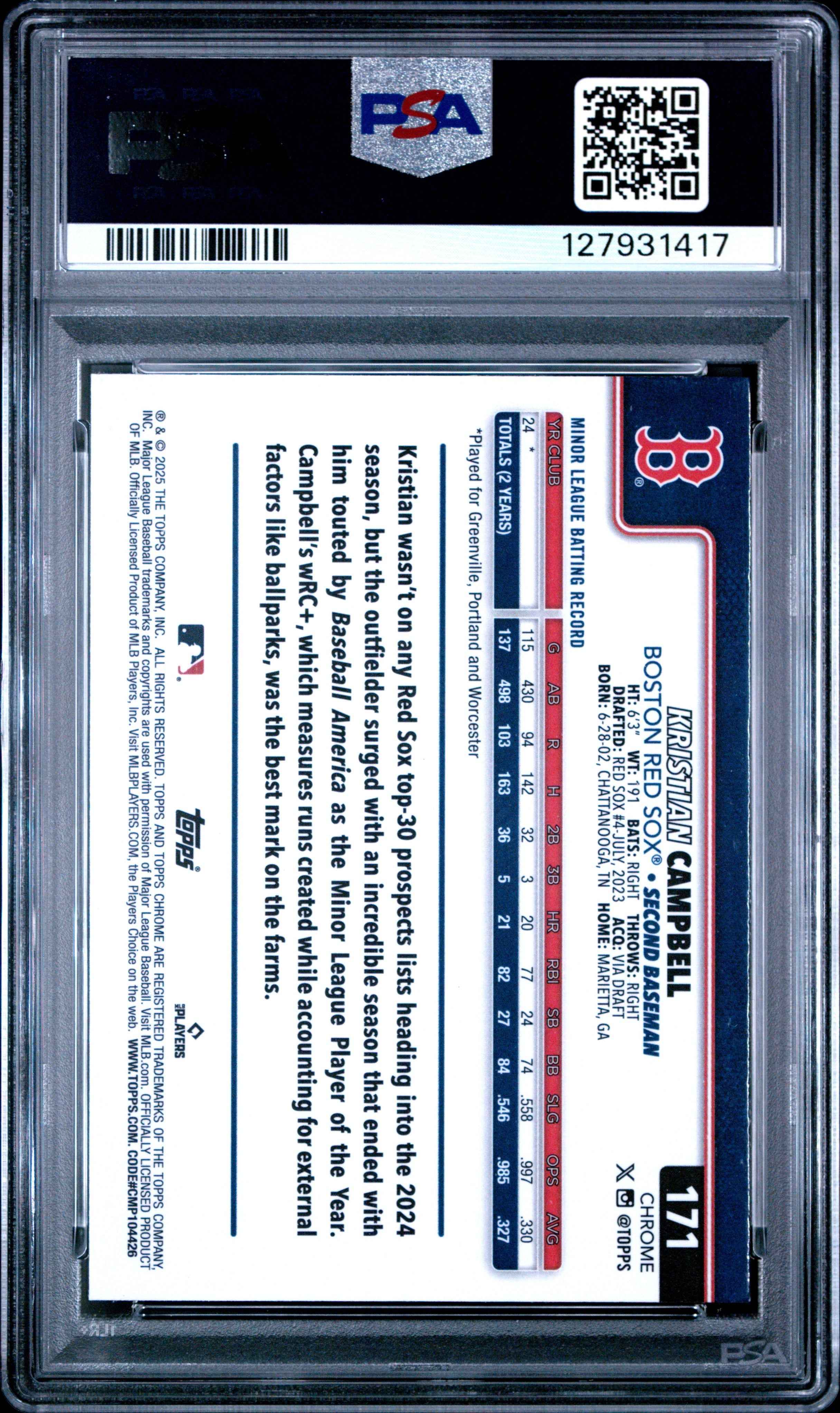 Graded 2025 Topps Chrome Kristian Campbell #171 Sepia Refractor Rookie RC Baseball Card PSA 8 Near Mint