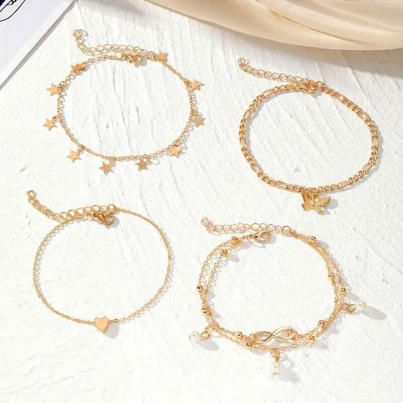 4-Pieces: Stackable Thin Chain Anklet Set