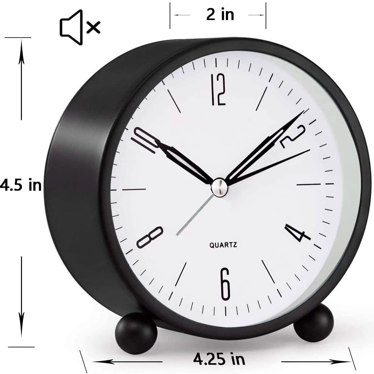4" Super Silent Non Ticking Analog Alarm Clock with Night Light