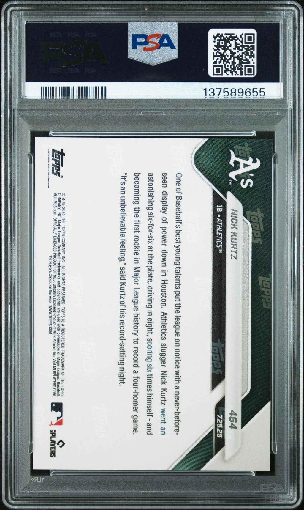 Graded 2025 Topps Now Nick Kurtz #464 Rookie RC Baseball Card PSA 10 Gem Mint