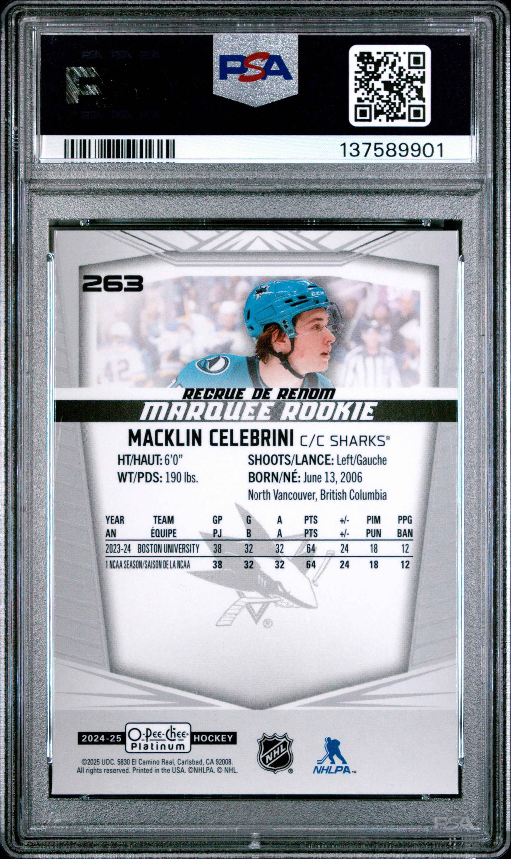 Graded 2024 O-Pee-Chee Platinum Macklin Celebrini #263 Rookie RC Hockey Card PSA 10 Gem Mint