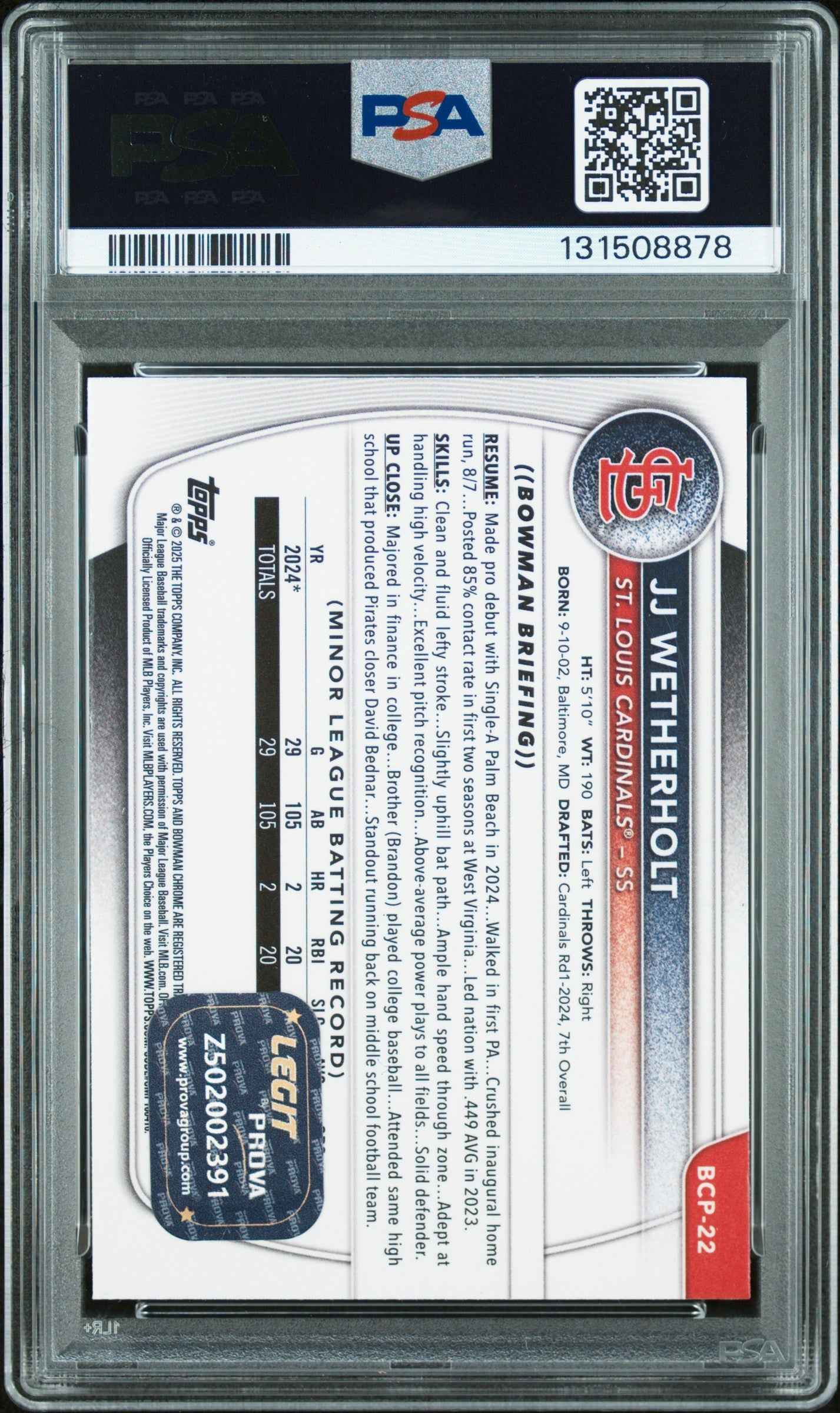 Graded 2025 Topps Bowman JJ Wetherholt #BCP-22 Chrome Prospects Rookie RC Baseball Card PSA 8 Auto Grade Near Mint