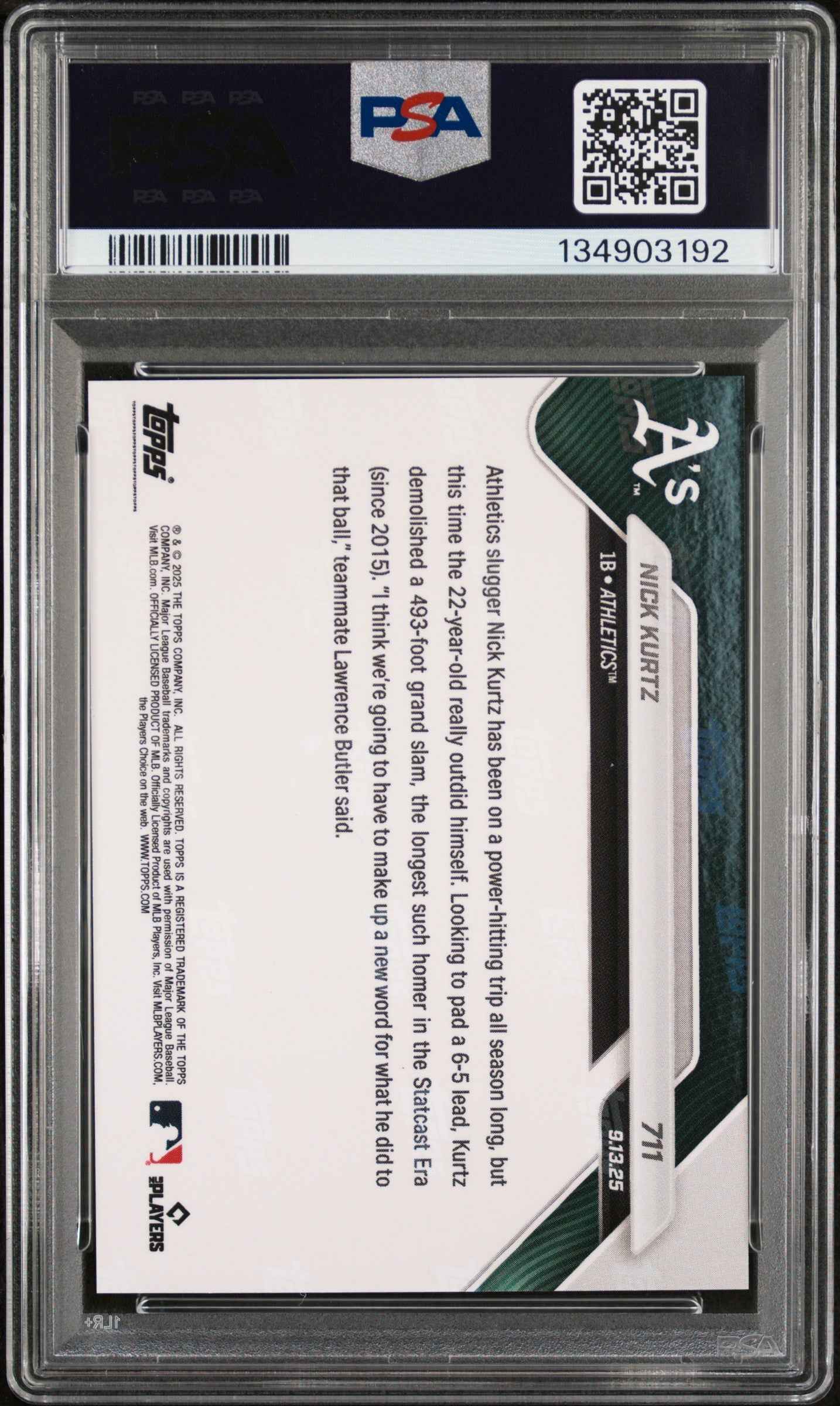 Graded 2025 Topps Now Nick Kurtz #711 Rookie RC Baseball Card PSA 10 Gem Mint