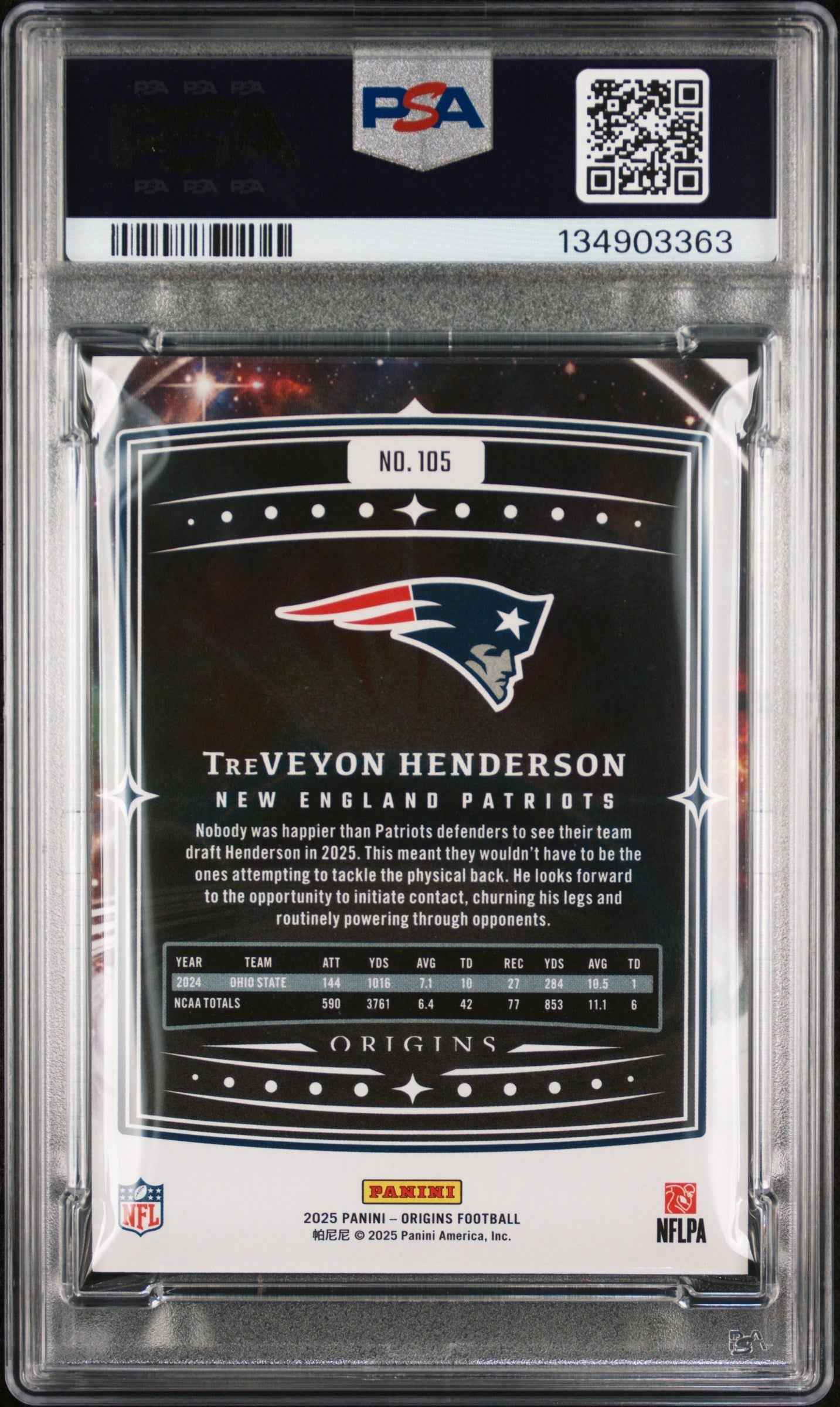 Graded 2025 Panini Origins TreVeyon Henderson #105 Rookie RC Football Card PSA 10 Gem Mint