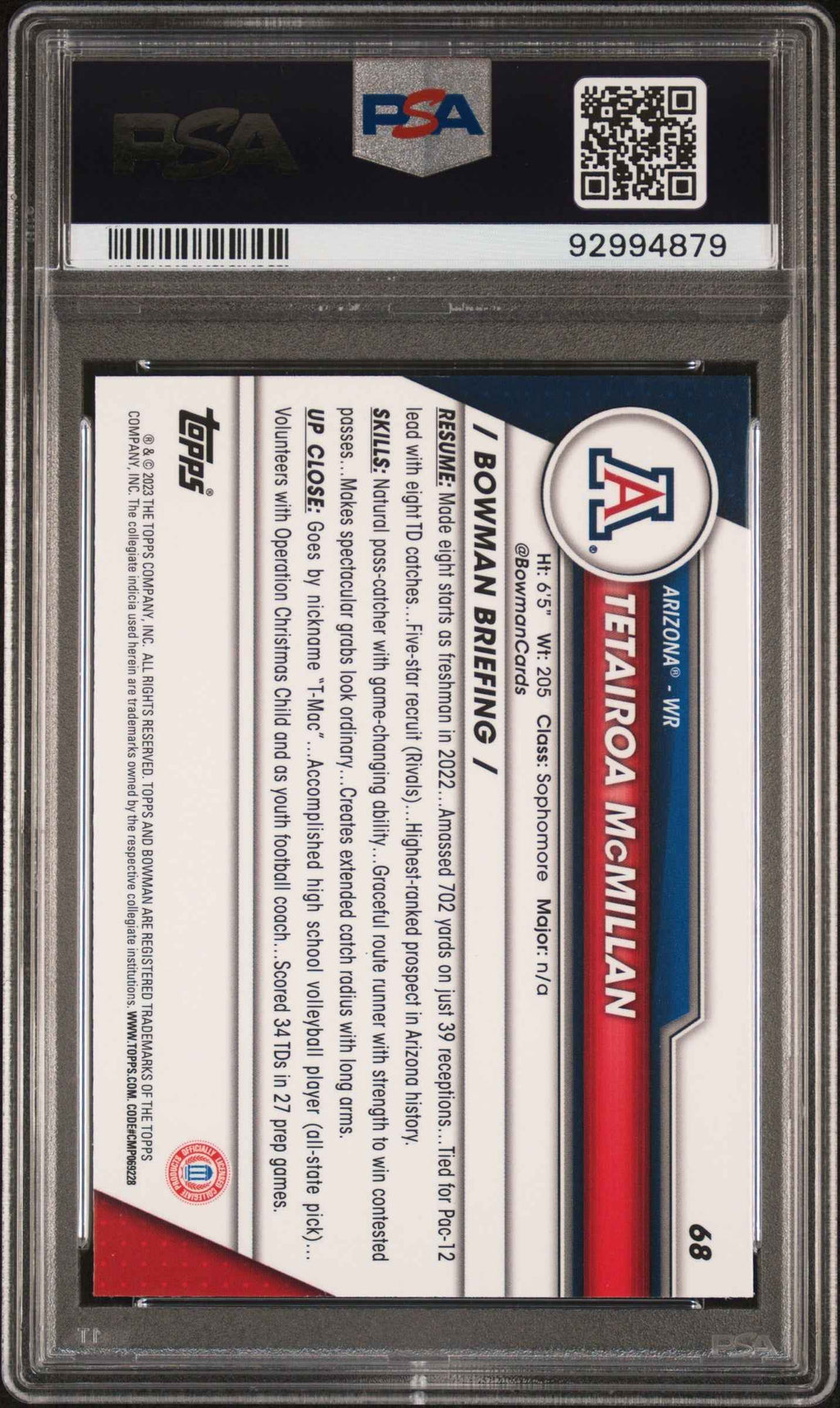 Graded 2023 Topps Bowman U Sapphire Tetairoa McMillan #68 Rookie RC Football Card PSA 10 Gem Mint