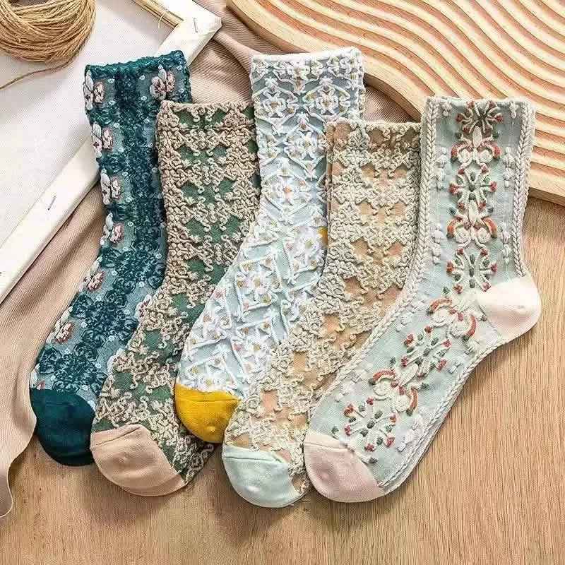 5-Pairs: Flower Geometric 3D Textured Ankle Cotton Blend Cottage Core Lucky Socks