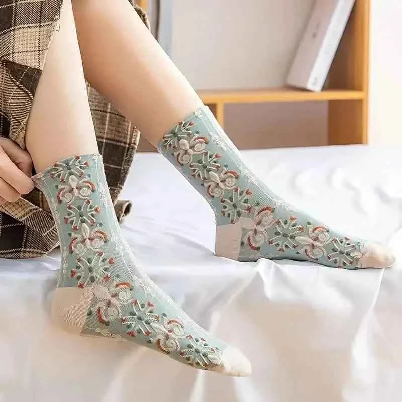 5-Pairs: Flower Geometric 3D Textured Ankle Cotton Blend Cottage Core Lucky Socks