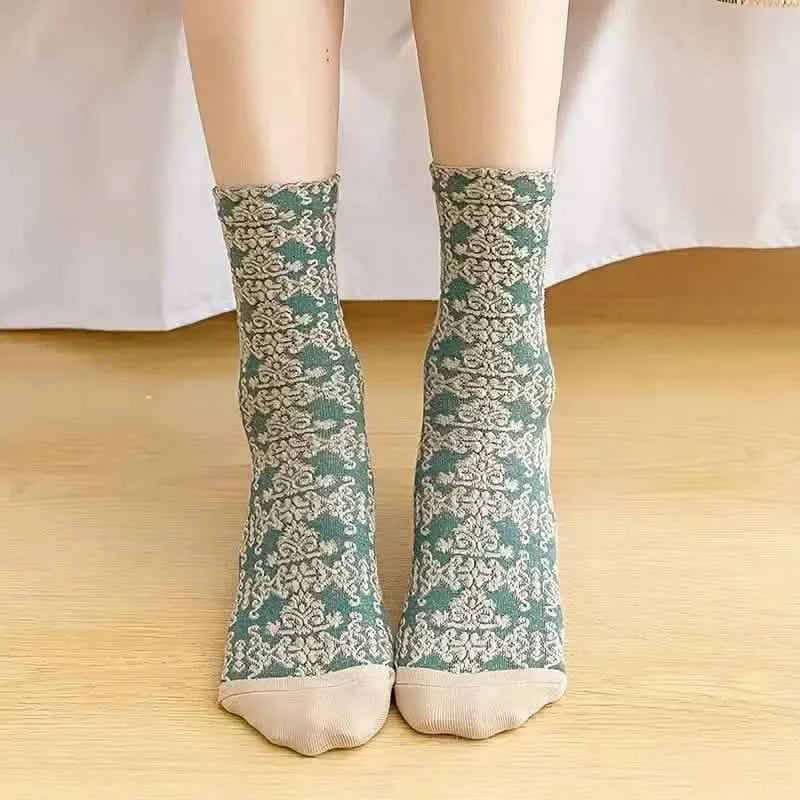 5-Pairs: Flower Geometric 3D Textured Ankle Cotton Blend Cottage Core Lucky Socks