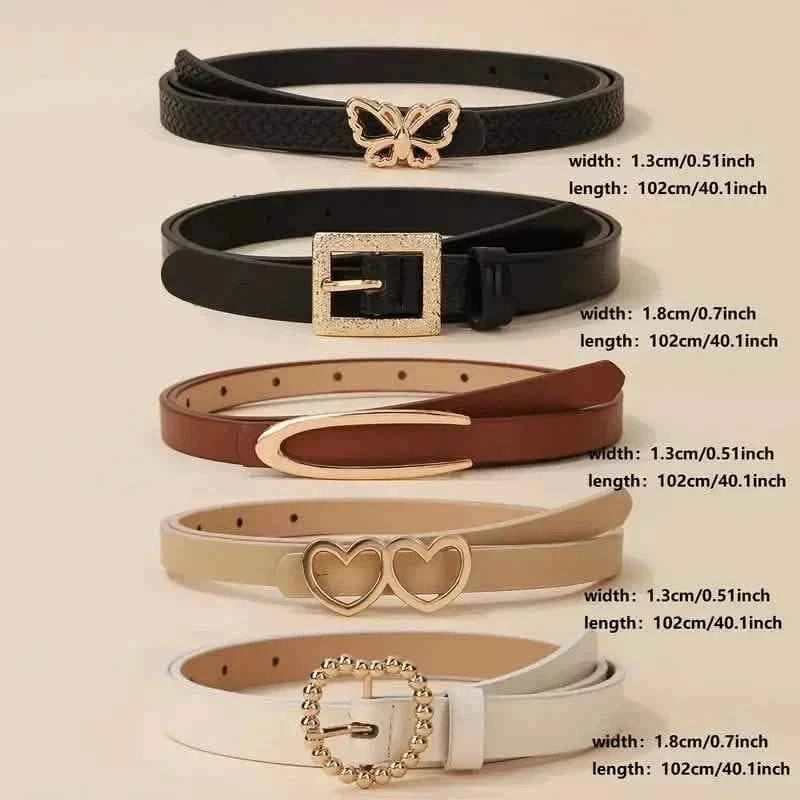 5-Pieces: Vintage PU Leather Solid Color Casual Jeans Pants Belt For Women