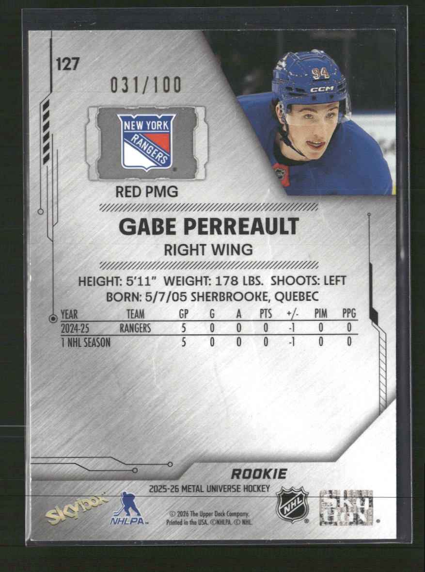 2025-26 SkyBox Metal Universe Precious Metal Gems Red Gabe Perreault #/100 #127