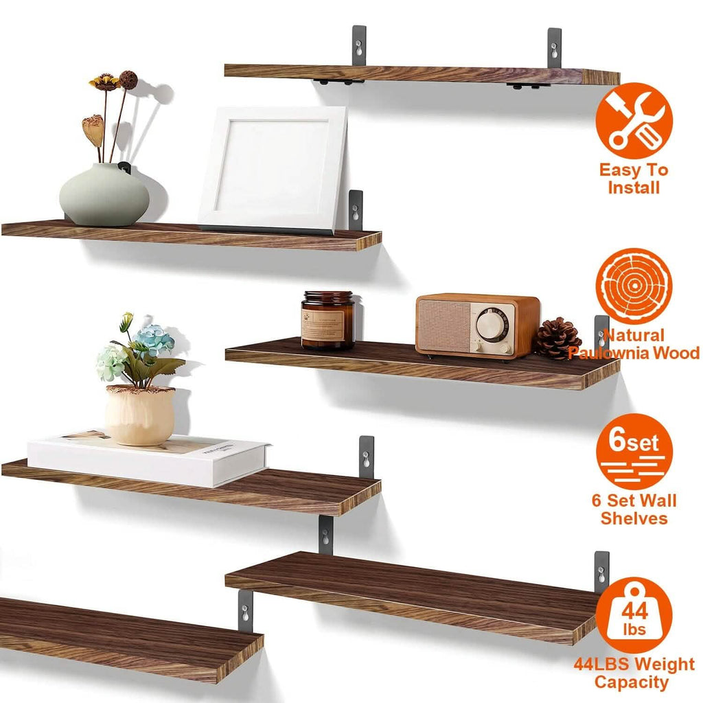 6-Piece Set: Wall Mounted Shelve Wood Storage Metal Bracket Display