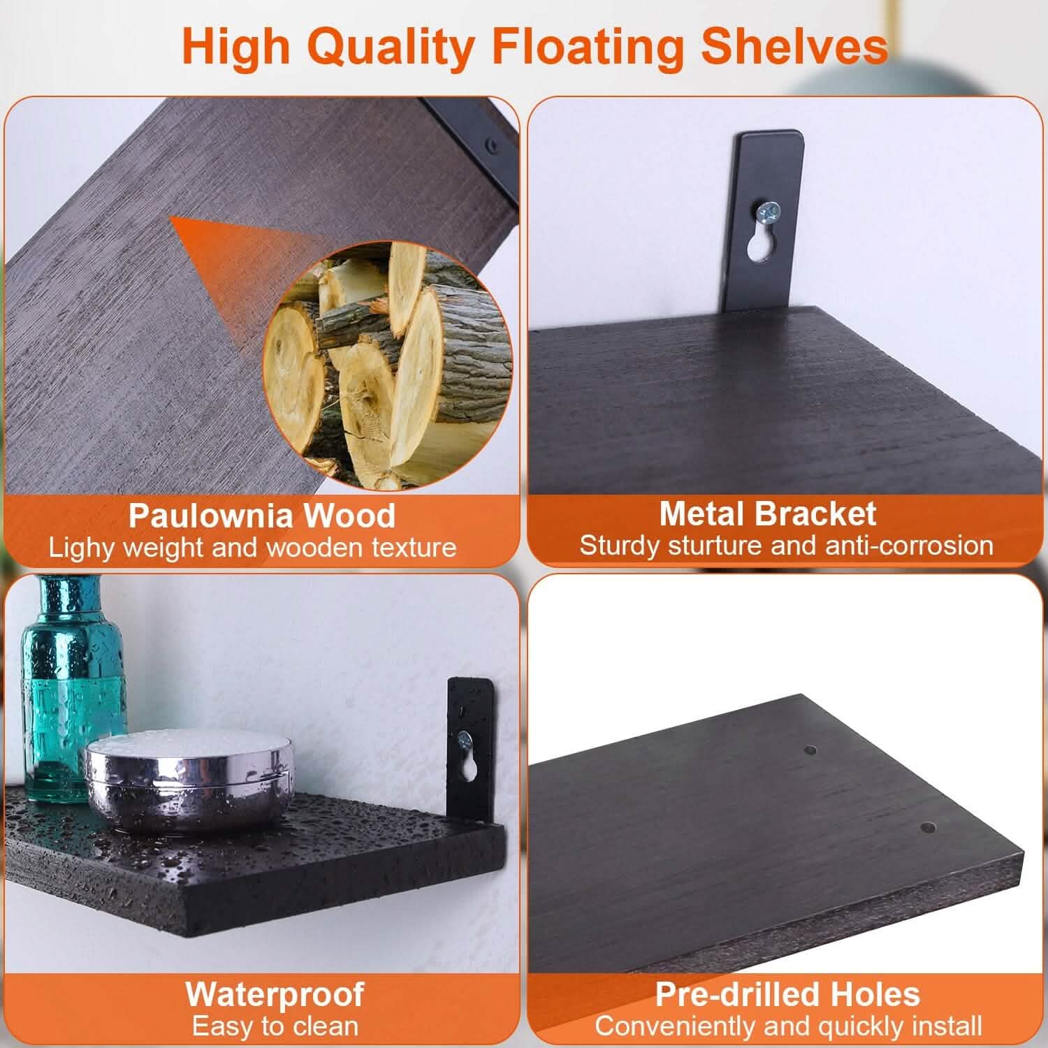 6-Piece Set: Wall Mounted Shelve Wood Storage Metal Bracket Display