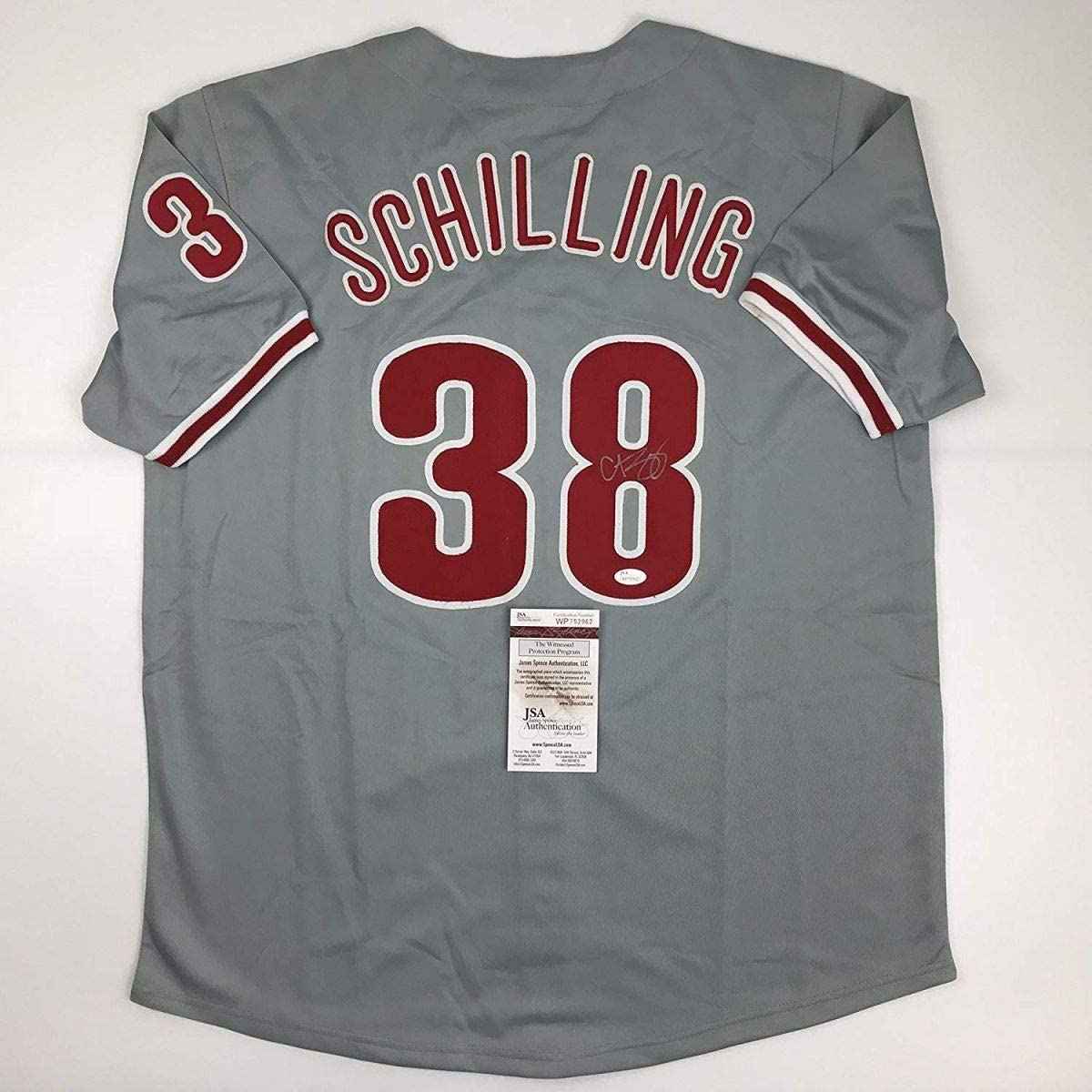 Autographed/Signed Curt Schilling Philadelphia Grey Baseball Jersey JSA COA