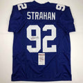 Autographed/Signed Michael Strahan New York Blue Football Jersey JSA COA