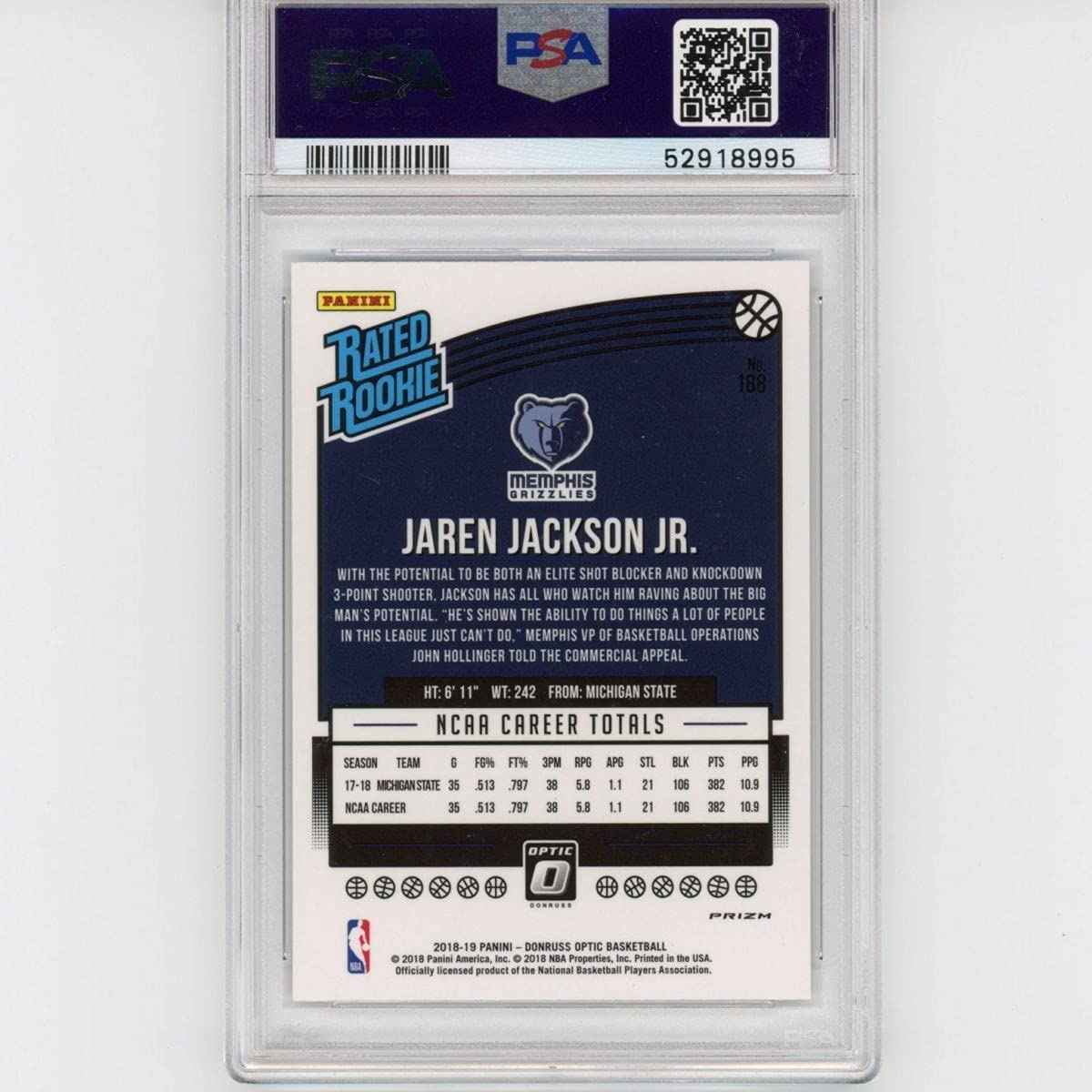 Graded 2018-19 Panini Donruss Optic Jaren Jackson Jr. #188 Shock Rookie RC Basketball Card PSA 10 Gem Mint