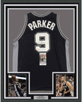 Framed Autographed/Signed Tony Parker Finals MVP 07 35x39 San Antonio Black Basketball Jersey JSA COA